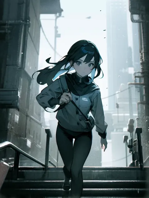 anime girl walking down a flight of stairs in a city