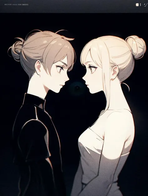 anime couple in black and white with black background