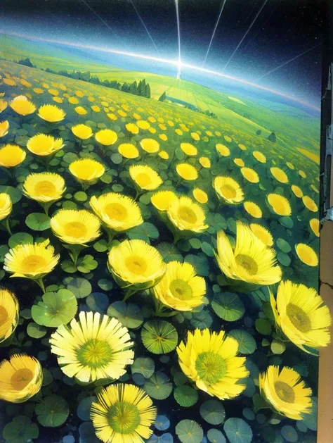 painting of a field of yellow flowers with a sun shining over the horizon