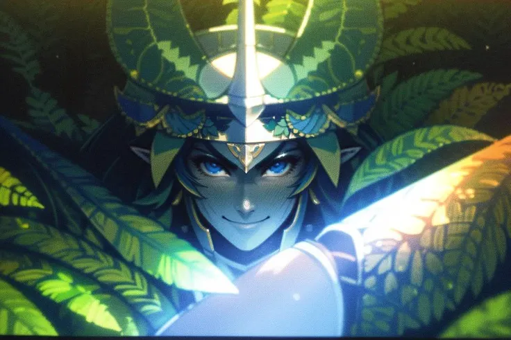 a close up of a person holding a sword in a jungle