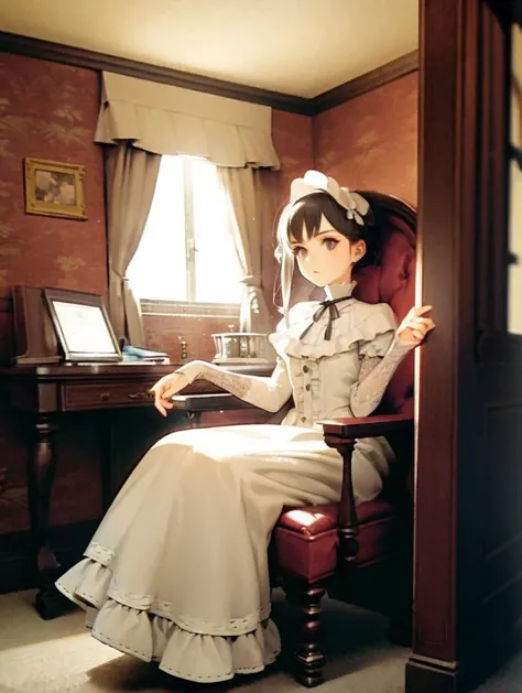 1girl, Juufuutei Raden, indoors, bedroom, sitting in chair, victorian themed room,