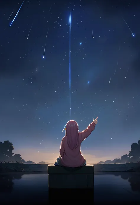 gotoh hitori,
1girl,
masterpiece,best quality,
facing away,arm up,pointing sky,sitting,from behind,meteor shower,night sky