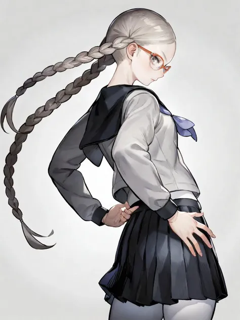 kisaragi tomi, twin braids, grey hair, 1girl, solo, braid, skirt, pantyhose, school uniform, long hair, glasses, looking back, w...