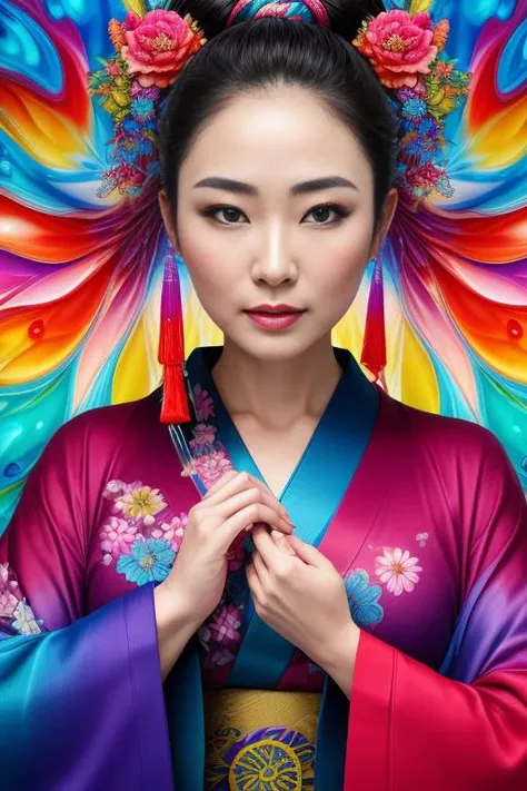 style-colour-magic, raw photo (masterpiece), (((masterpiece))), (((best quality))), ((ultra-detailed)), a portrait of a  woman wearing a liquid kimono, (character focus)  extreme detailed, highest detailed,