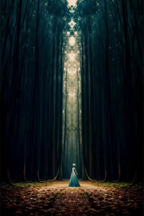 a woman in a blue dress is standing in the middle of a forest