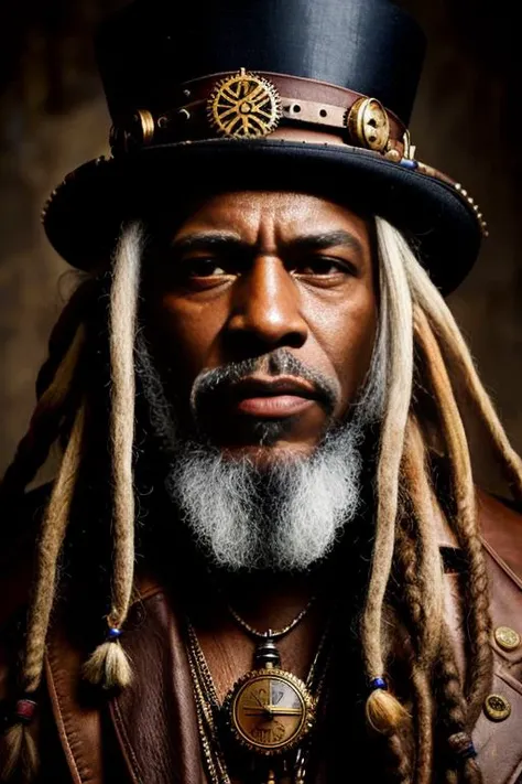 style-afro-steampunk
raw photo (masterpiece), (((masterpiece))), (((best quality))), ((ultra-detailed)), 
a portait of an old man with dreadlocks
(character focus)  extreme detailed,highest detailed