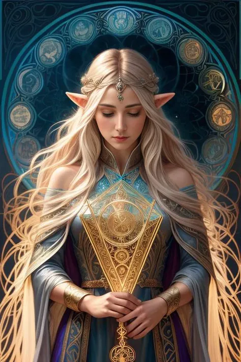 mesmerizing line-art portrait of a female elven wizard (wizard:1.3), engrossed in spellcasting, intricate lines, captivating flow, magical aura, dynamic composition, mystical energy, captivating focus, by Alphonse Mucha-inspired artist, intricate details, ...