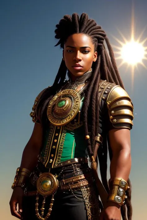 a woman with dreadlocks and a green top standing in the desert