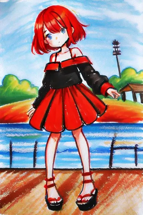 cute girl, round eyes, dropping eyes, 
Expressionless, red hair, on a pier, 
medium hair, flipped hair, 
from front, 
cowboy shot, 
Frilled off-the-shoulder shirt paired with a pleated maxi long skirt and wedge sandals <lora:crayon-v1.1:1> painting, tradit...