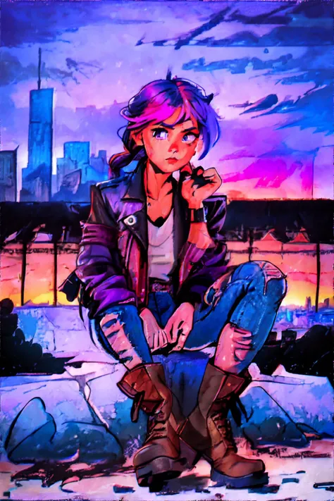 <lora:crayonpainting:1.0> painting, traditional media, woman with Violet Ombre Reverse French Braid, wearing Rock n Roll Concert: Ripped jeans, band tee, leather jacket, and boots., Illuminated Cityscape at Sunset, masterpiece, 8k, high resolution, shallow...