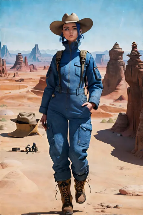 <lora:crayonpainting:0.4> painting, traditional media, woman with Denim Blue Taper Fade with Side Part, wearing Desert Adventure: Utility jumpsuit, hiking boots, and wide-brimmed hat., Floating City with Magical Levitation, masterpiece, 8k, high resolution...