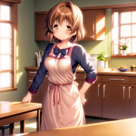 anime girl in apron standing in kitchen with table and cabinets