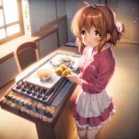 anime girl in a pink dress holding a tray of food