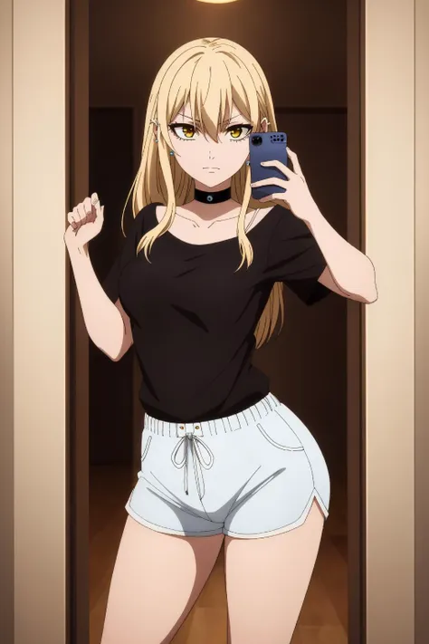 a woman in shorts and a black shirt taking a picture