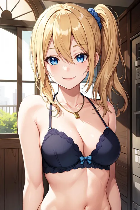 masterpiece, best quality, 1girl, solo, <lora:hayasaka_ai_v10:0.6>, hayasaka ai, blue scrunchie, side ponytail, hair between eyes, blue eyes, blonde hair, hair ornament, medium breasts, hair scrunchie, bangs, long hair, sidelocks, necklace, lingerie, smile...