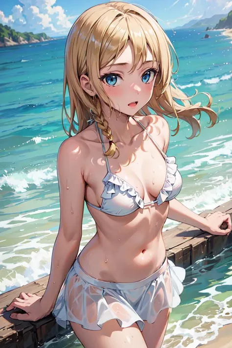 ((masterpiece)), (best quality), highres, bbhayasaka, single braid, medium breasts,<lora:hayasaka_ai_v2:0.7>, frilled bikini, white bikini, bikini skirt, frills, beach, wet, water