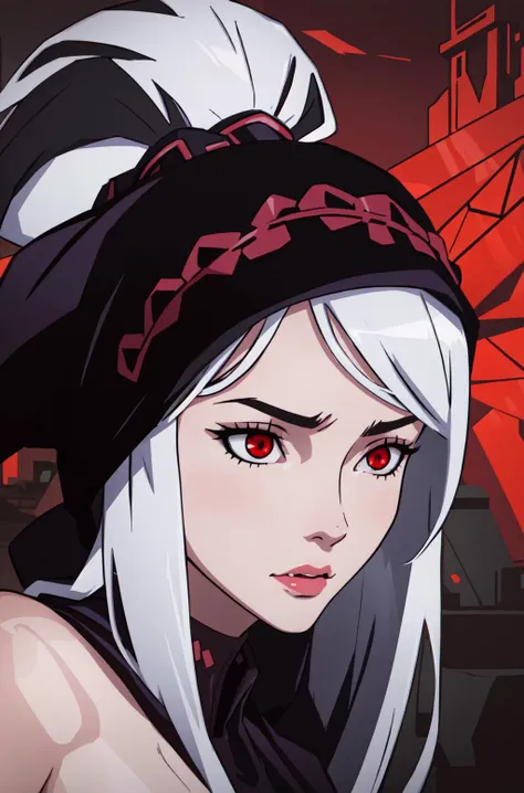 anime girl with white hair and red eyes in a black hat