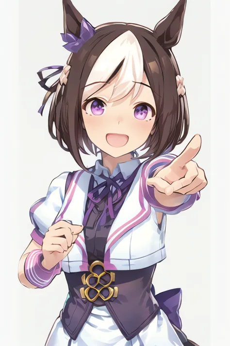 special_week_(umamusume), shobufuku, white collared shirt, puffy short sleeves, ribbon, bow, corset, upper body, (pointing at viewer:1.3), happy, (white background:1.5), (front view:1.3)