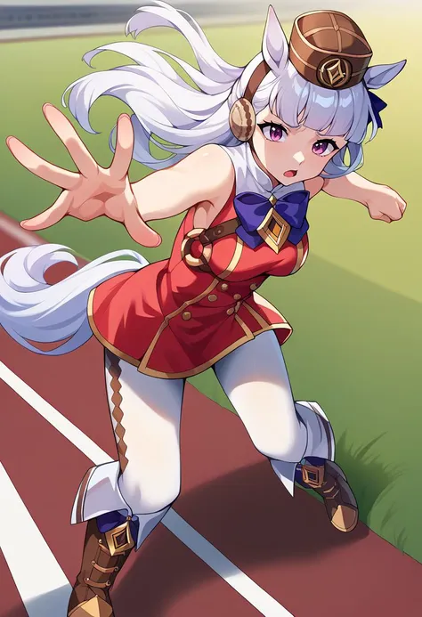 anime girl in a red and white outfit running on a track