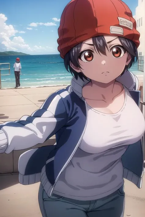 fuukoizumo, <lora:fuuko izumo s1-lora-nochekaiser:1>,
fuuko izumo, black hair, hair between eyes, (brown eyes:1.5), short hair,
BREAK shirt, white shirt, jacket, open jacket, pants, denim, beanie, (red beanie:1.2),
BREAK outdoors, city, sky, clouds, sun,
B...