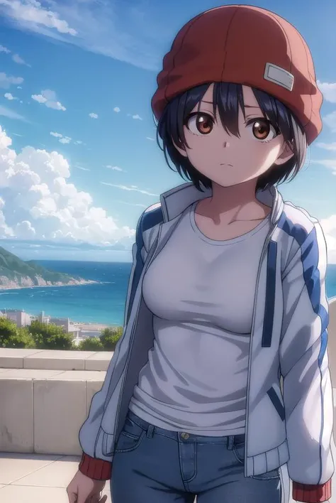 fuukoizumo, <lora:fuuko izumo s1-lora-nochekaiser:1>,
fuuko izumo, black hair, hair between eyes, (brown eyes:1.5), short hair,
BREAK shirt, white shirt, jacket, open jacket, pants, denim, beanie, (red beanie:1.2),
BREAK outdoors, city, sky, clouds, sun,
B...