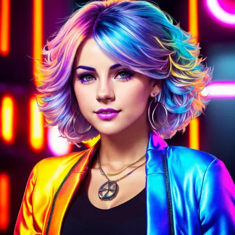 solo, 1girl, <lora:exocolonistpeople_:1>, (multicolored hair:1.36), cyberpunk 2077, analog style, woman, (neon lights in the city background:1.1), glowing colors, looking at viewer, naughty smile, symmetric, centered, closeup, feminine, athletic, fit, high...