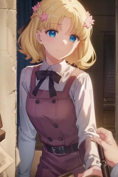 mariacampbell, <lora:maria campbell s2-lora-nochekaiser:1>,
maria campbell, short hair, blue eyes, blonde hair, hair ornament, flower, hair flower, (parted bangs:1.5), smile,
BREAK shirt, long sleeves, dress, bow, white shirt, belt, bowtie, pink dress,
BRE...