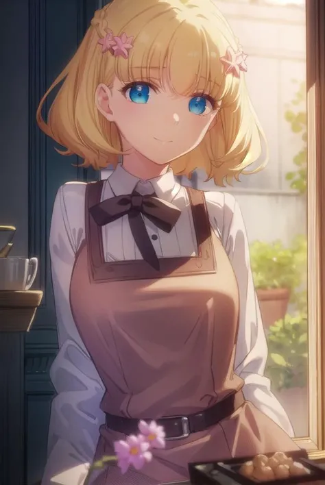 mariacampbell, <lora:maria campbell s2-lora-nochekaiser:1>,
maria campbell, short hair, blue eyes, blonde hair, hair ornament, flower, hair flower, (parted bangs:1.5), smile,
BREAK shirt, long sleeves, dress, bow, white shirt, belt, bowtie, pink dress,
BRE...