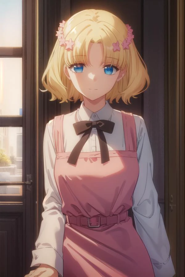 mariacampbell, <lora:maria campbell s2-lora-nochekaiser:1>,
maria campbell, short hair, blue eyes, blonde hair, hair ornament, flower, hair flower, (parted bangs:1.5), smile,
BREAK shirt, long sleeves, dress, bow, white shirt, belt, bowtie, pink dress,
BRE...