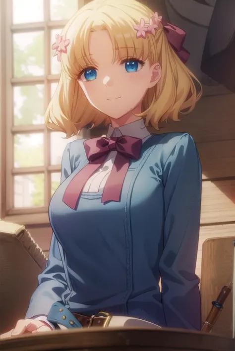 mariacampbell, <lora:maria campbell s2-lora-nochekaiser:1>,
maria campbell, short hair, blue eyes, blonde hair, hair ornament, flower, hair flower, (parted bangs:1.5), smile,
BREAK shirt, long sleeves, dress, bow, white shirt, belt, bowtie, pink dress,
BRE...