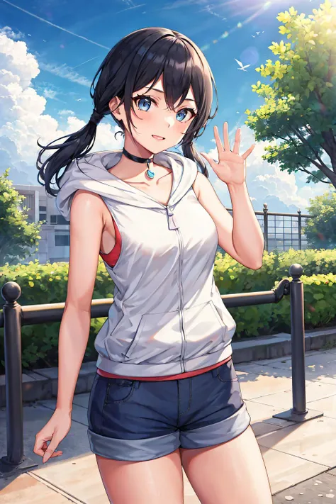 <lora:Torino:0.6>, masterpiece, best quality, highres, 1girl, solo, looking at viewer, upper body, twintails, long hair, bangs, low twintails, black hair, blue eyes, hair between eyes, bare shoulders, collarbone, jacket, shorts, sleeveless, choker, shiny, ...