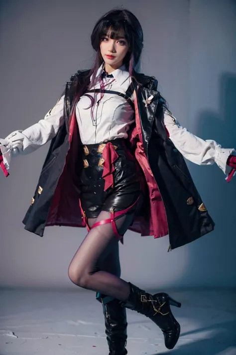 best quality, masterpiece, photorealistic, 1girl, solo, bangs, looking at viewer, full body, standing, arms at side,purple hair, kafka cosplay costume, kafka, cosplay, eyewear on head, shirt, gloves, shorts, jacket, coat, legwear under shorts, thigh strap,...