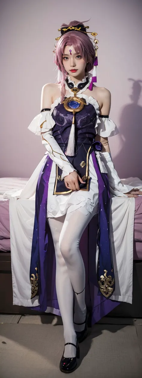 (masterpiece), 
detailed blue eyes, beatiful face, 
light particles, 
1 lady, fullbody, 
bed, 
lying, 
dakimakura, 
looking at viewer, 
1girl, solo, full body, looking at viewer, fuxuan cosplay costume, cosplay, hair ornament, forehead mark, pantyhose, foo...