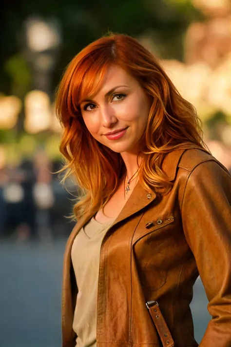 <lora:mondongo_LoRA_KaryByron:1> mndngwmn, redhead, outside, walking through park, leather jacket, looking up at viewer, ((cowboy shot:1.5)), jeans, tank top, (walking towards viewer:1.3),
(RAW photo), (masterpiece:1.5), (best quality:1.1), (intricate deta...