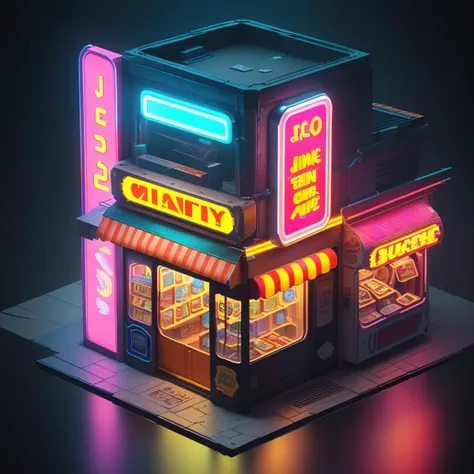 a close up of a small building with neon lights on it