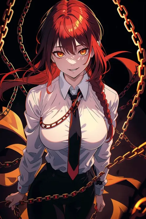 makima, best quality, ultra detailed, 1girl, solo, standing, red hair, long braided hair, golden eyes, bangs, medium breasts, white shirt, necktie, stare, smile, (evil:1.2), looking at viewer, (interview:1.3), (dark background, chains:1.3), <lora:makima_of...