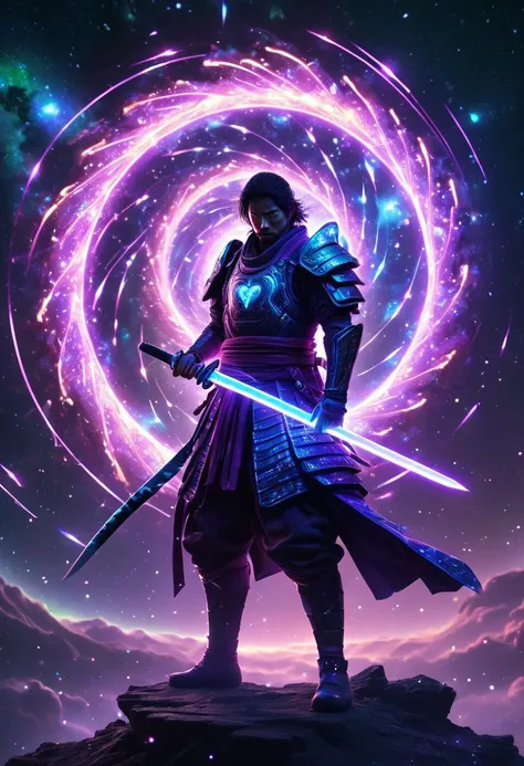 A futuristic samurai with glowing holographic armor, standing on the edge of a collapsing star. His sword, made of pure light, cuts through the surrounding energy waves. Behind him, galaxies swirl in a massive spiral, their colors shifting between neon pur...