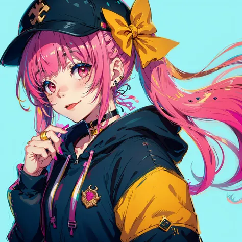 1girl, solo, tongue out, tongue, hat, multicolored hair, bow, black headwear, jewelry, pink hair, multicolored nails, baseball cap, long sleeves, twintails, nail polish, long hair, upper body, blue bow, ring, looking at viewer, bangs, streaked hair, ribbon...