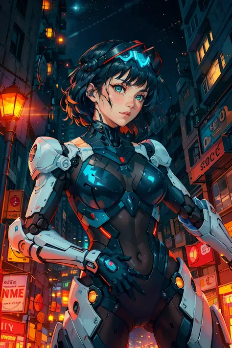 masterpiece, best quality,detailed face,
1girl, medium hair, (red|black hair),  messy hair, dutch angle,head shot,
Space opera,Space port,robot arm,elbow gloves,night,glisten,stare,cyberpunk,((((citylight)))),science fiction,bodysuit,Mechanical armor headd...