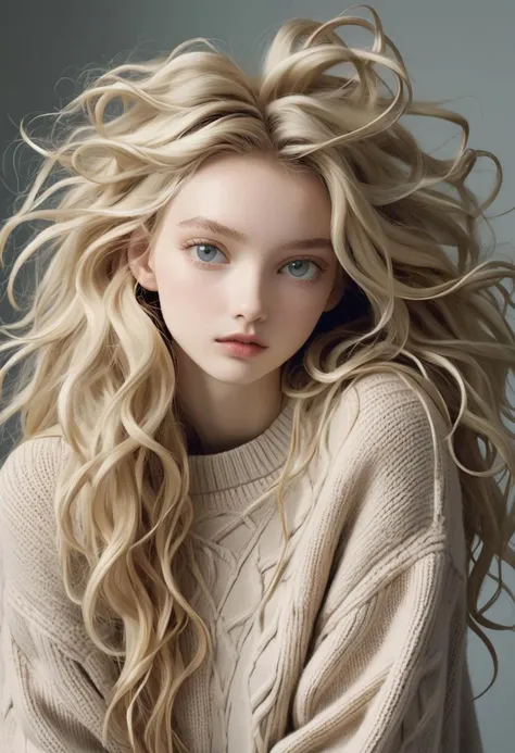 (style of Tim Walker) unkempt hair, frizzy hair, tangled strands, chaotic energy, model with wild mussed up hair, minimalist fashion, neutral tone backdrop, oversized sweater, tousled locks, soft lighting, muted color palette, off-balance composition, bedh...