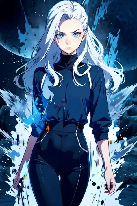 realistic, (best quality, masterpiece:1.3),1girl,solo,
silver hair, bright pupils, long hair, hair slicked back, serious, 
simple background,<lora:DBKiCharge:0.9> aura_blue,