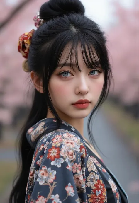 1 girl, black hair, blue eyes, long hair, bun hair, hair accessories, full body, (full of cherry blossoms in the background), standing, (black and white kimono:1.2), (tattoo:1.2), real art, (masterpiece), (best quality), highres, korea girl, 8k, (realistic...