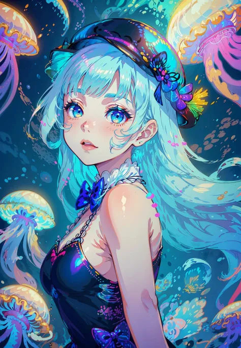 ((masterpiece)),(illustration),(((best quality)),iridescent,
((beautiful detailed girl)),jellyfish_girl,small breast,upper_body,
(delicate cute face),lovestruck,(iridescent eyes),
((floating_hair)),iridescent,(jellyfish_hat),bow,
dark_blue dress,bowties,la...