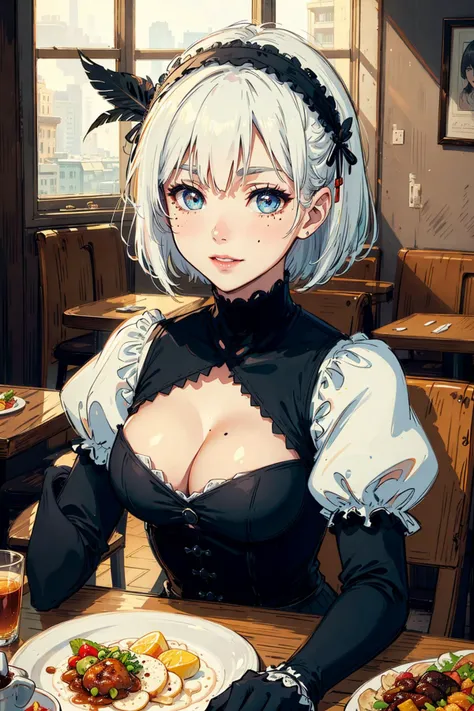 serene expression, mesmerizing eyes, portrait, solo, white hair, puffy sleeves, short hair, mole under mouth, long sleeves, juliet sleeves, cleavage cutout, black hairband, parted lips, black thighhighs, black gloves, cleavage, turtleneck, bangs, feather t...