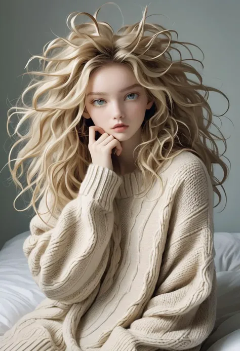 (style of Tim Walker) unkempt hair, frizzy hair, tangled strands, chaotic energy, model with wild mussed up hair, minimalist fashion, neutral tone backdrop, oversized sweater, tousled locks, soft lighting, muted color palette, off-balance composition, bedh...