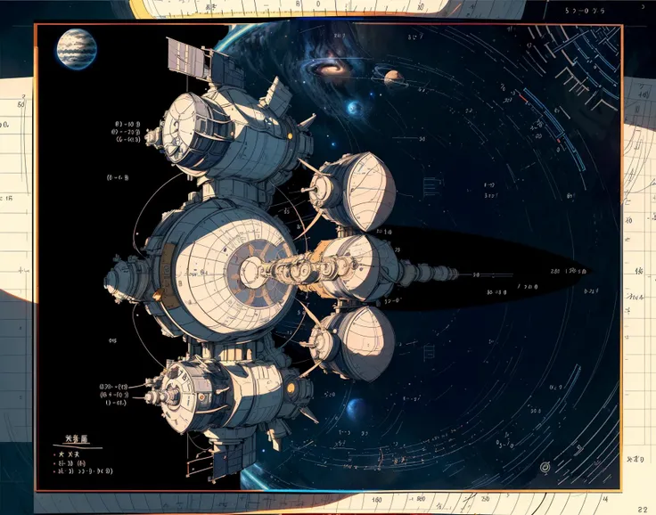 masterpiece complex technical drawing with measurements, models, math, graphs, plots, notations, blueprint grid background, lots of text,(diagram of space station around gas giant:1.1), ultra detailed  <lora:add_detail:1.2>