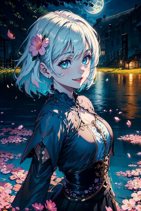 a woman with white hair and blue eyes standing in a field of flowers