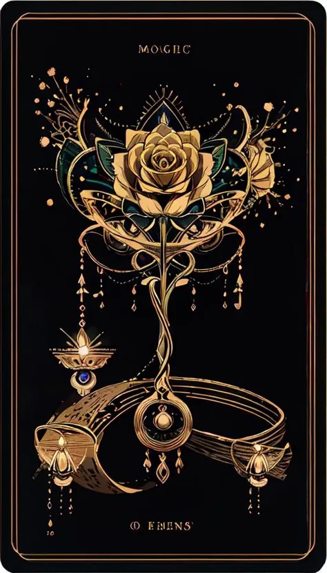 a gold rose with jewels and a ring on a black background