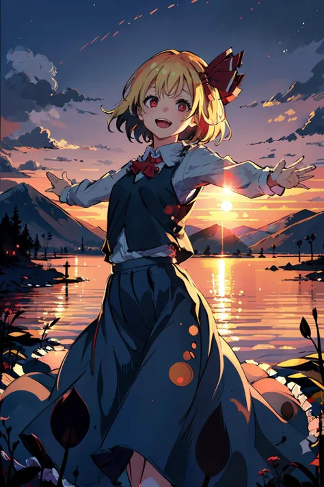 masterpiece, best quality, <lora:rumia:1>,1girl, rumia, blonde hair, solo, red eyes, open mouth, ribbon, hair ribbon, skirt, outstretched arms, smile, shirt, short hair, looking at viewer, long sleeves, sunset, vest, spread arms, skirt set, frilled skirt, ...