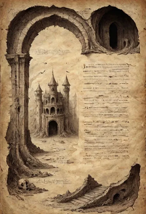 a drawing of a castle with a large archway and a large window